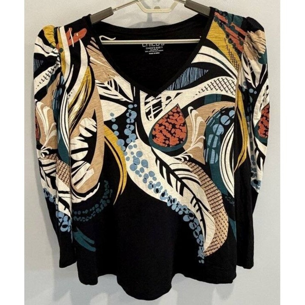 Chicos Black V Neck Puff 3/4 Sleeve Top Abstract Floral Leaf Pattern Size 3 XL
